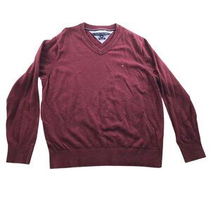Tommy Hilfiger Mens Sweater Size XL Pima Cotton V-Neck Burgundy Pullover Casual